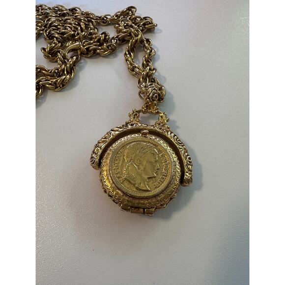 Vintage Coin Open Bezel Gold Necklace Box Pendant Napoleon Pearl Gold 18 inch - Picture 7 of 9